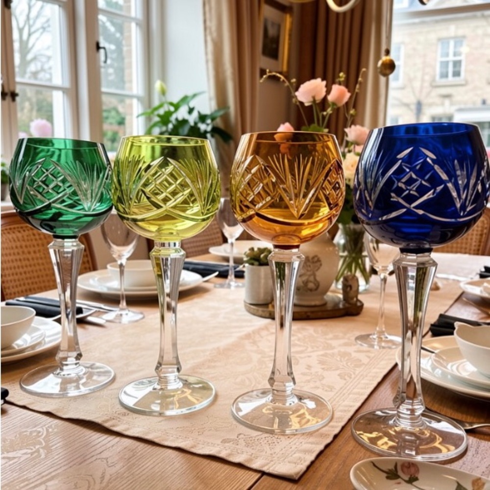 RARE*Set of 4 Colored Hand Cut Crystal Wine Glasses(Green, Lime, Amber & Cobalt)